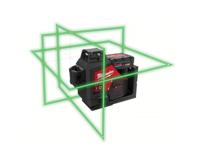 Milwaukee cordless power tool with green laser level projection