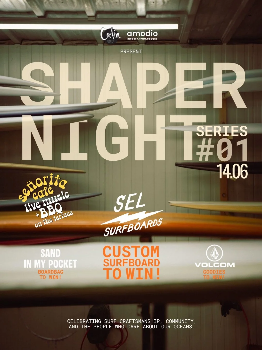 COOLIN &amp; AMODIO @amodio.fr PR&Eacute;SENTENT &bull; SHAPERS NIGHT SERIES _ &Eacute;PISODE 01 - 14/06/2026 🌊
TENTES TA CHANCE POUR GAGNER UNE BOARD! 
@selsurfboards x @_sand_in_my_pocket 

Nous lan&ccedil;ons la premi&egrave;re &eacute;dition de 