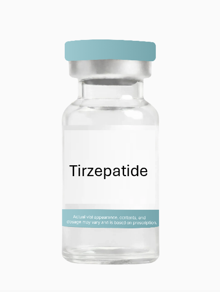 A glass vial labeled Tirzepatide with a blue cap.
