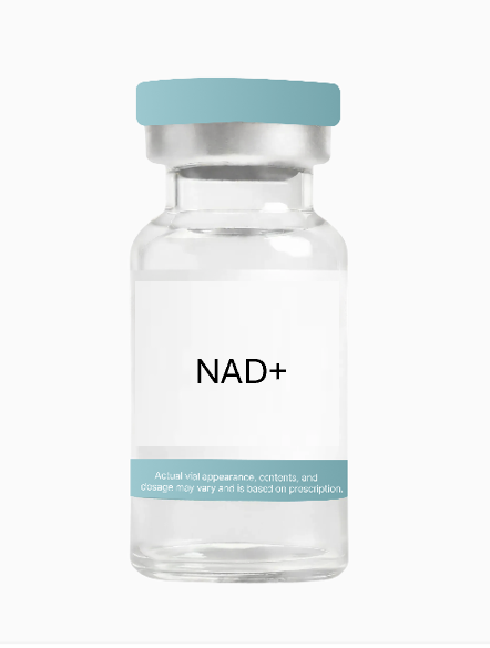 A small vial labeled NAD+ with a light blue cap, used for supplements or medical purposes.