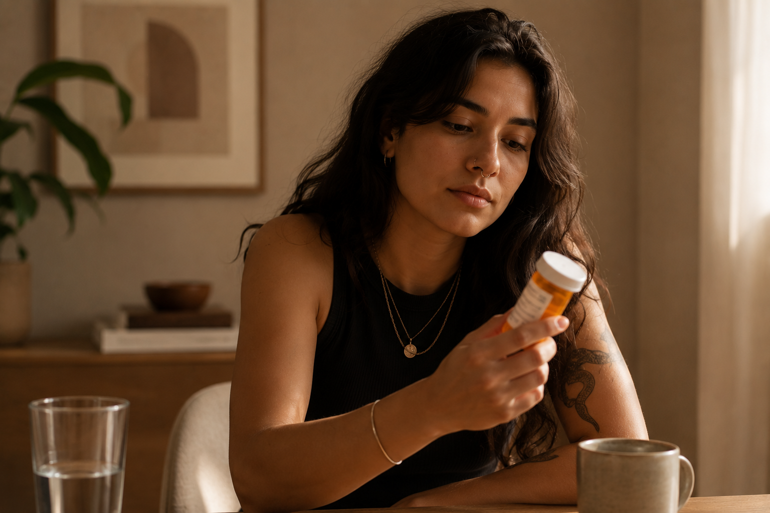 An LGBTQ+ person with long dark hair and a nose ring thoughtfully reads a prescription medication bottle while sitting at a table in a warm, minimalist room filled with soft natural light.
