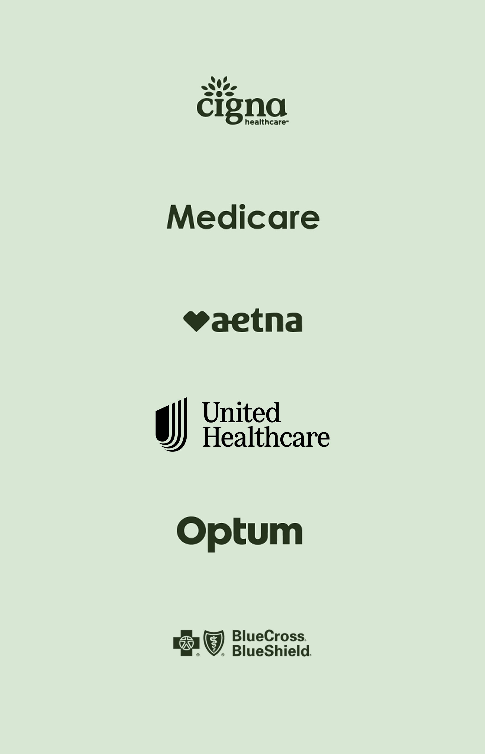 Collection of healthcare and insurance company logos on a light green background, including Cigna, Aetna, United Healthcare, Optum, and Blue Cross Blue Shield.
