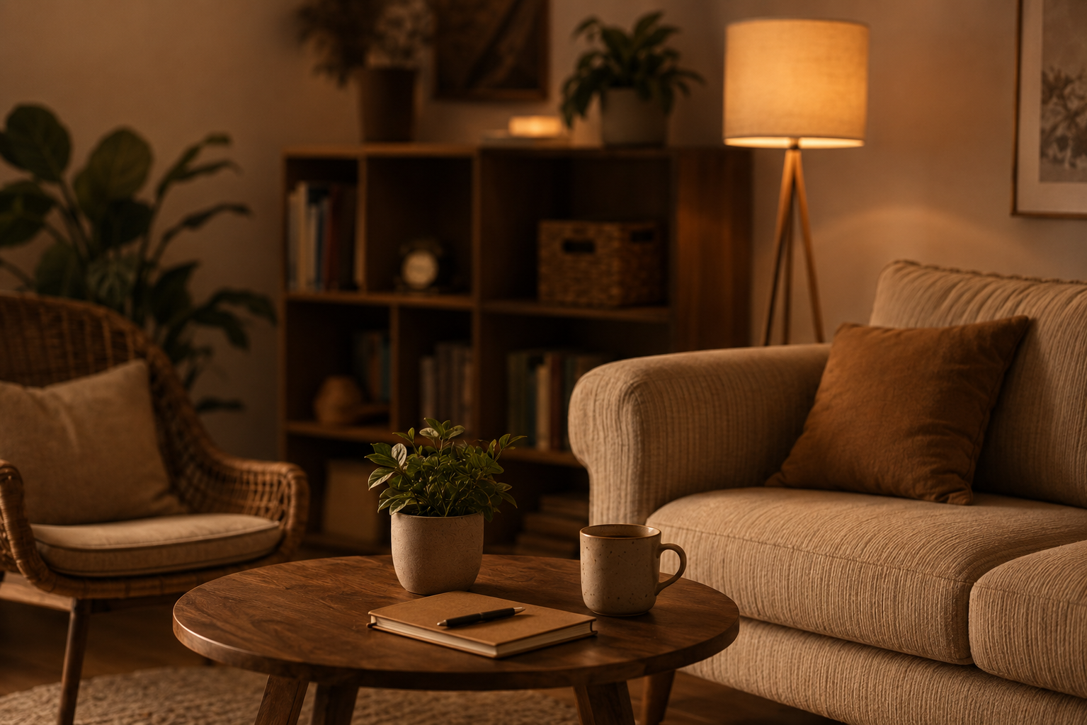 Cozy living room with beige couch, brown cushion, wooden coffee table with a potted plant, notebook, and pen, bookshelf in the background, floor lamp, and framed artwork on the wall.