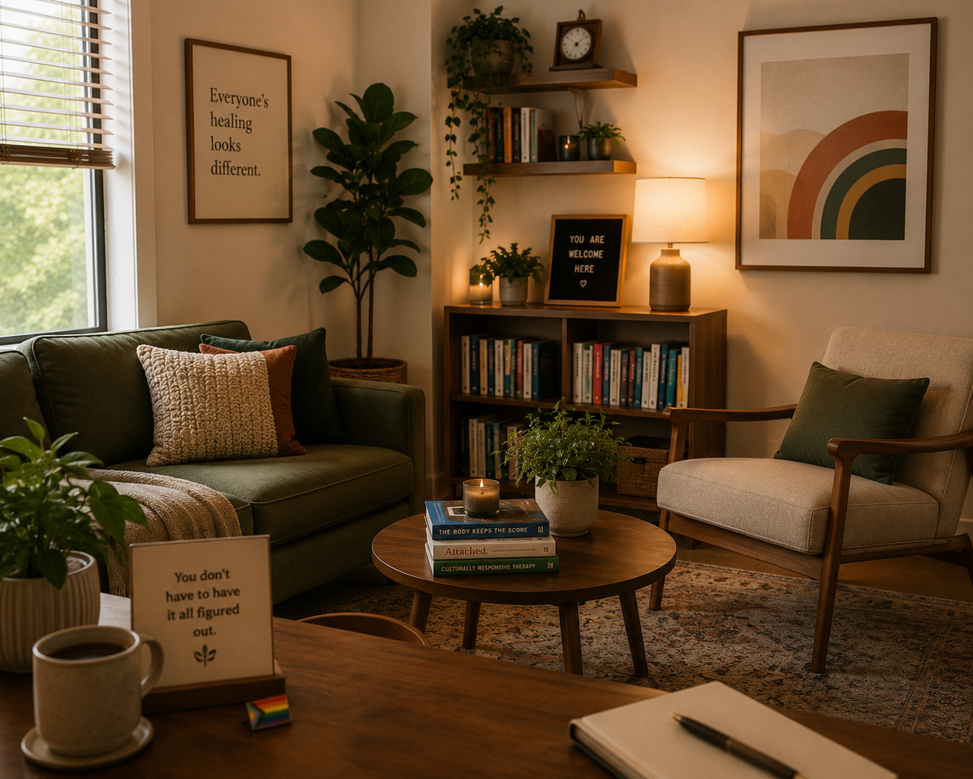 Cozy therapy-inspired reading room corner