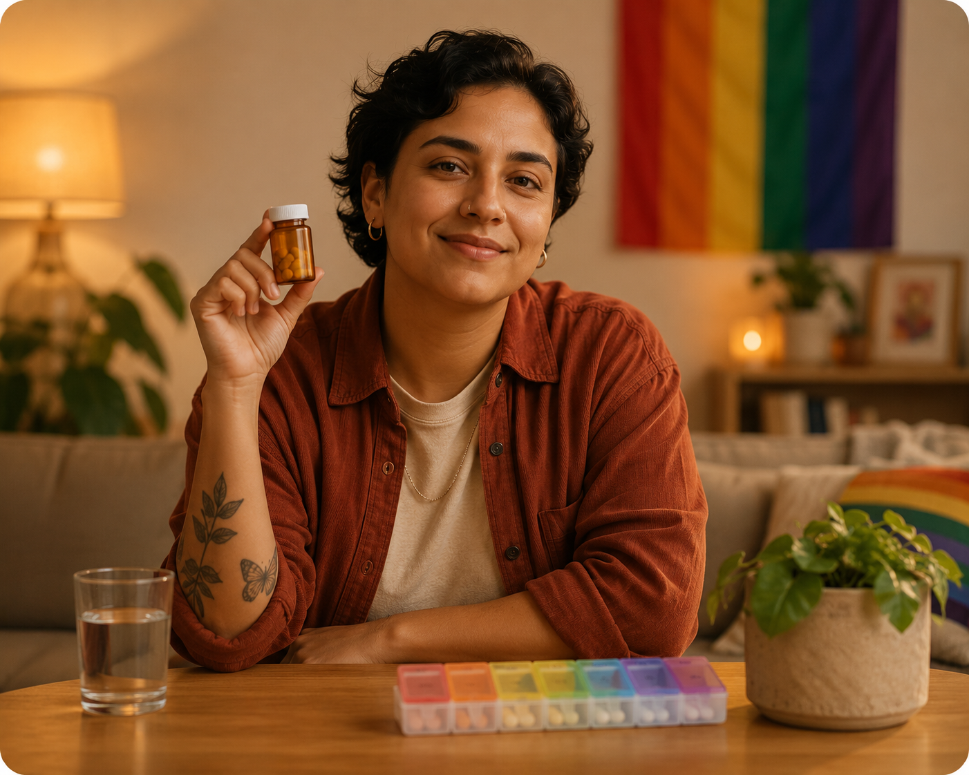 A person with short dark hair and multiple tattoos on their arm, smiling and holding a bottle of medication or vitamins, sitting at a table with a glass of water, colorful pills with a pill organizer, and a potted plant. The background features a rainbow pride flag and warm lighting.