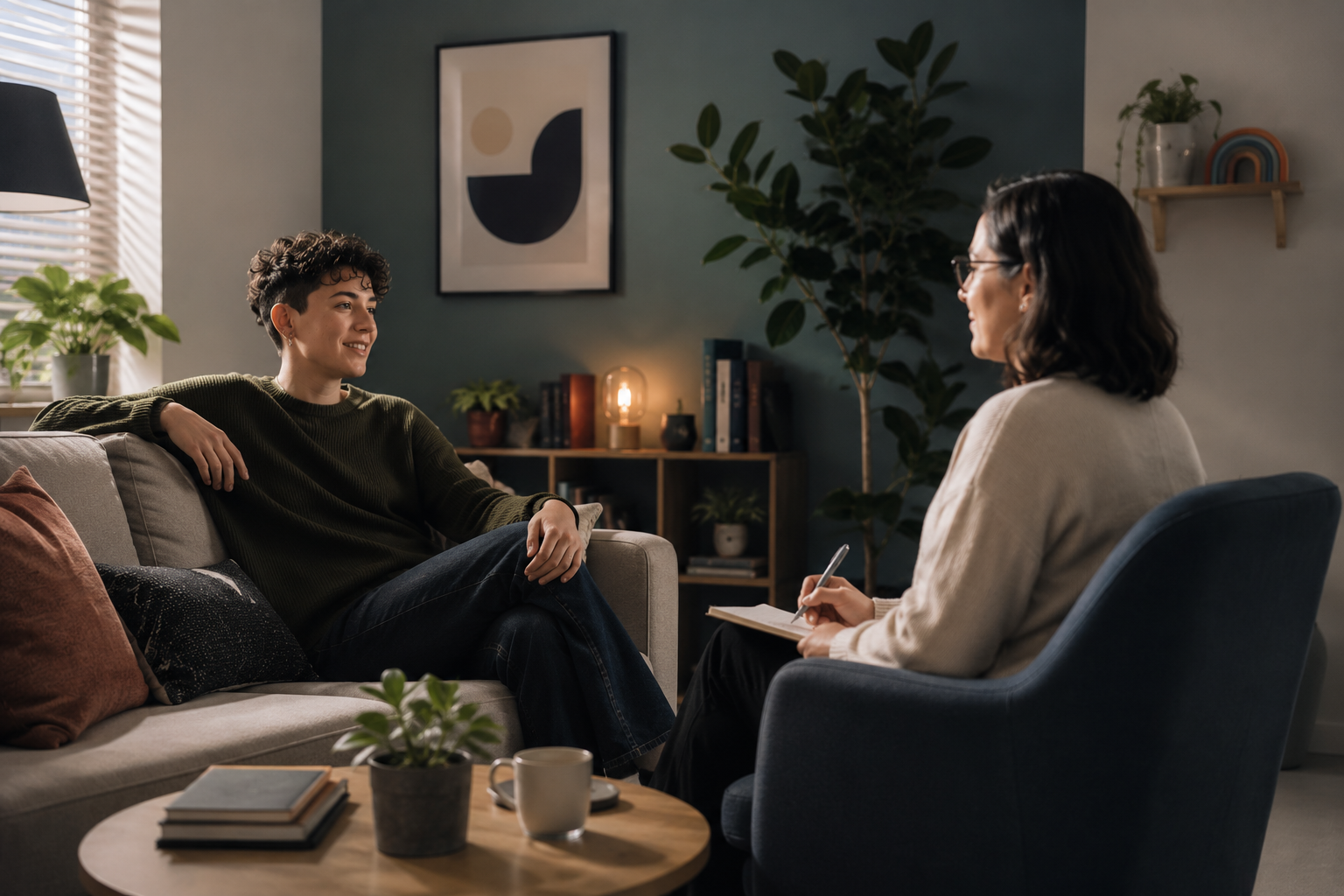 A woman sitting on a sofa talking to a therapist or counselor in a cozy living room with plants, framed art, and warm lighting.