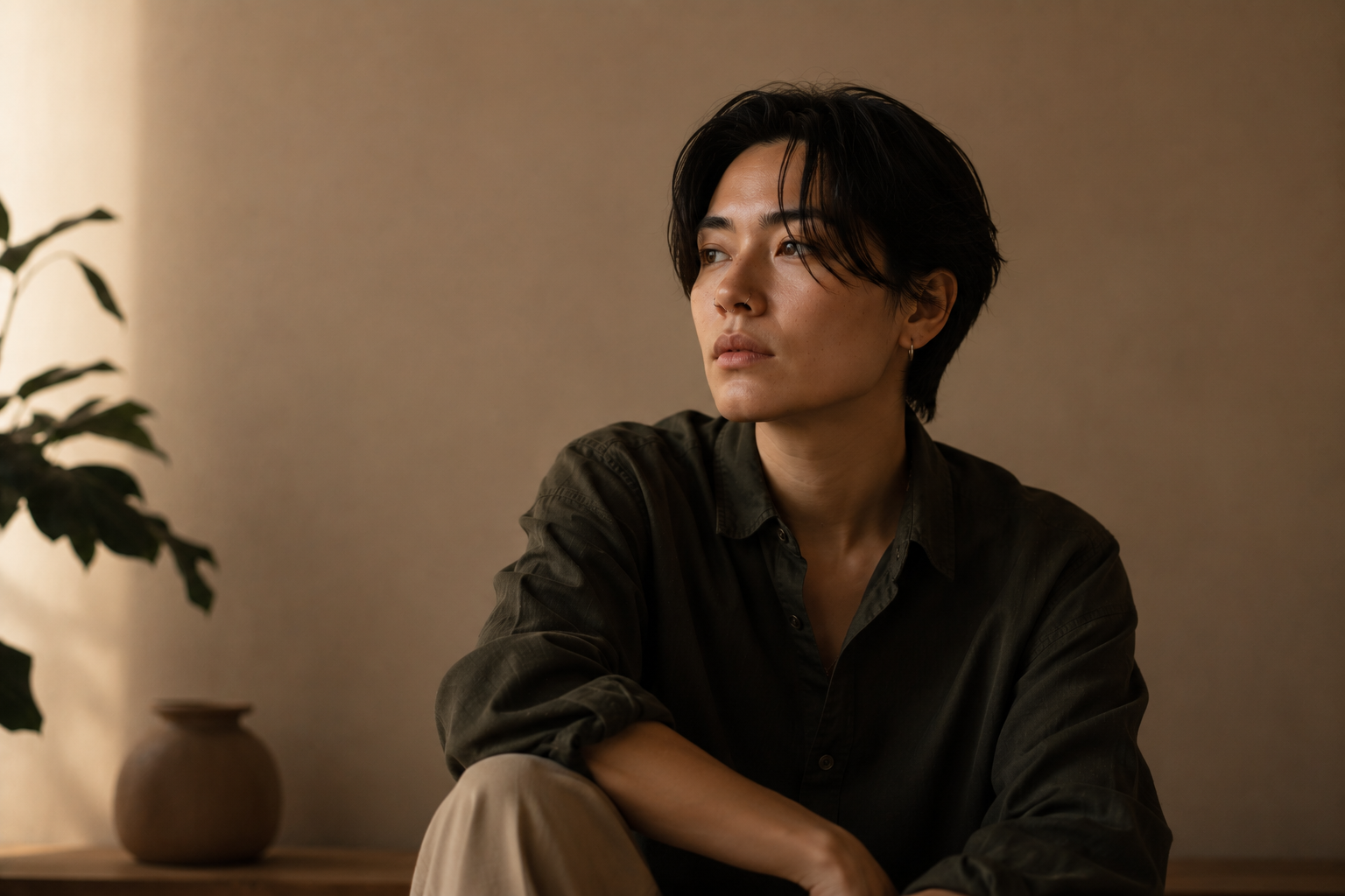 n androgynous LGBTQ+ person sits in a calm, sunlit room with warm neutral tones, looking thoughtfully into the distance in a peaceful, minimalist setting.