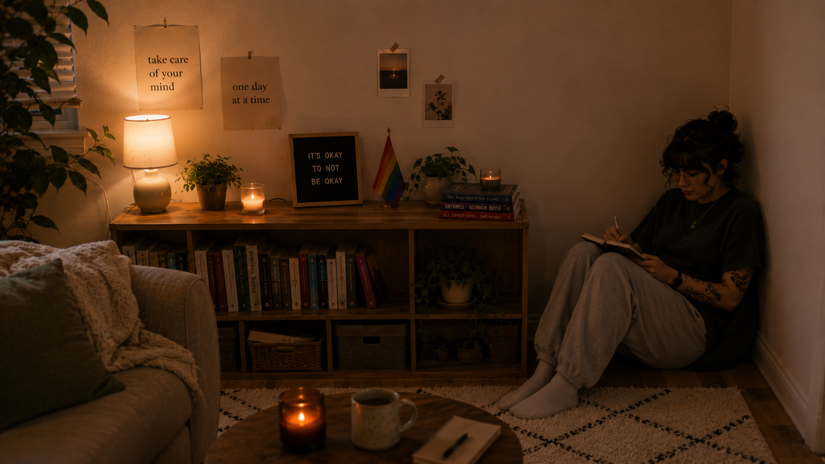 lgbtq person with a notebook in hand sitting in cozy room