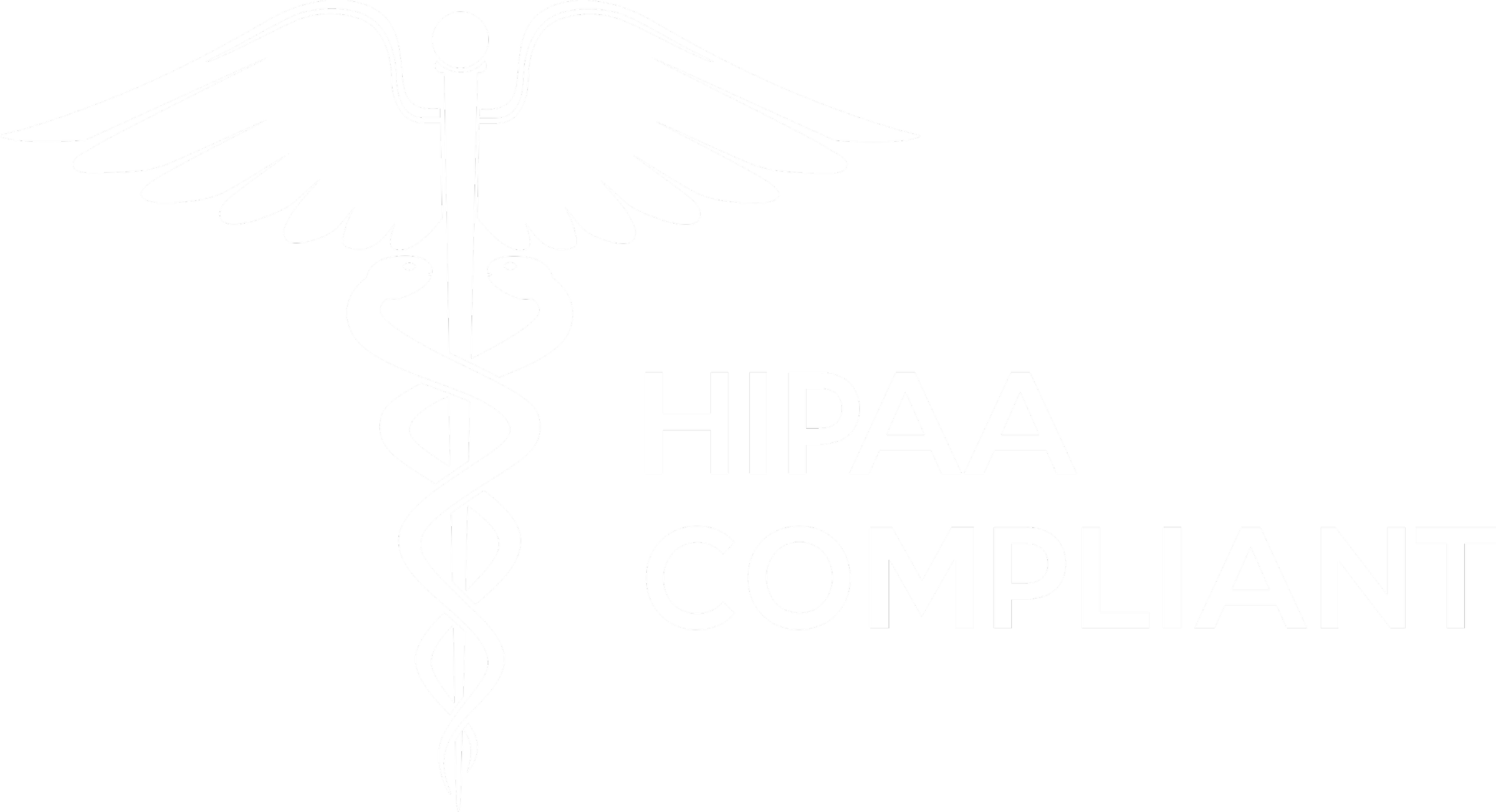HIPAA COMPLIANT badge with a medical symbol of a caduceus, including wings and a staff with serpents around it, on a black background.