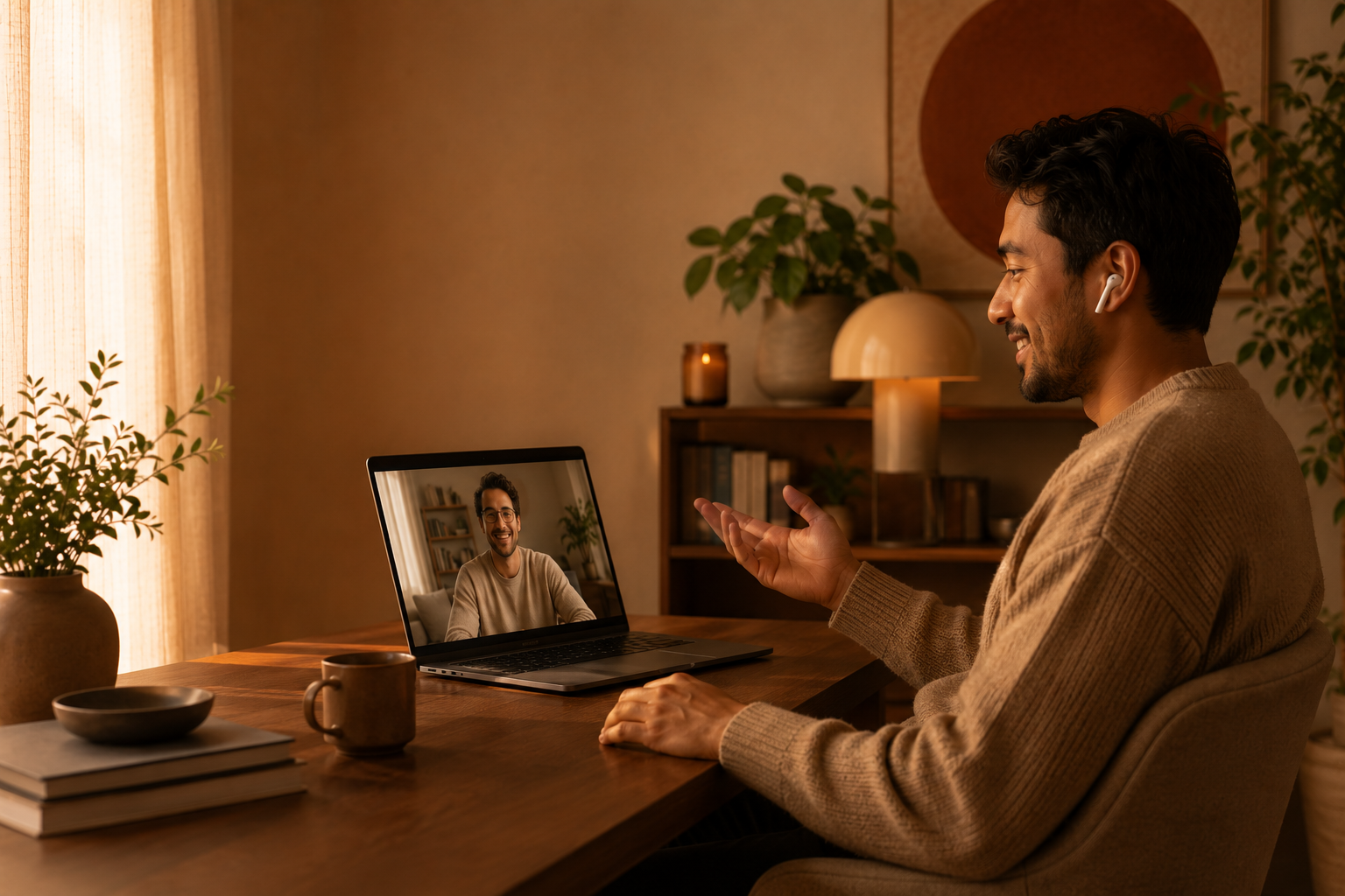A man with dark hair wearing a beige sweater, sitting at a wooden table in a warmly lit room, video calling another man displayed on a laptop screen. The room has earthy tones with plants, books, and a modern lamp in the background.