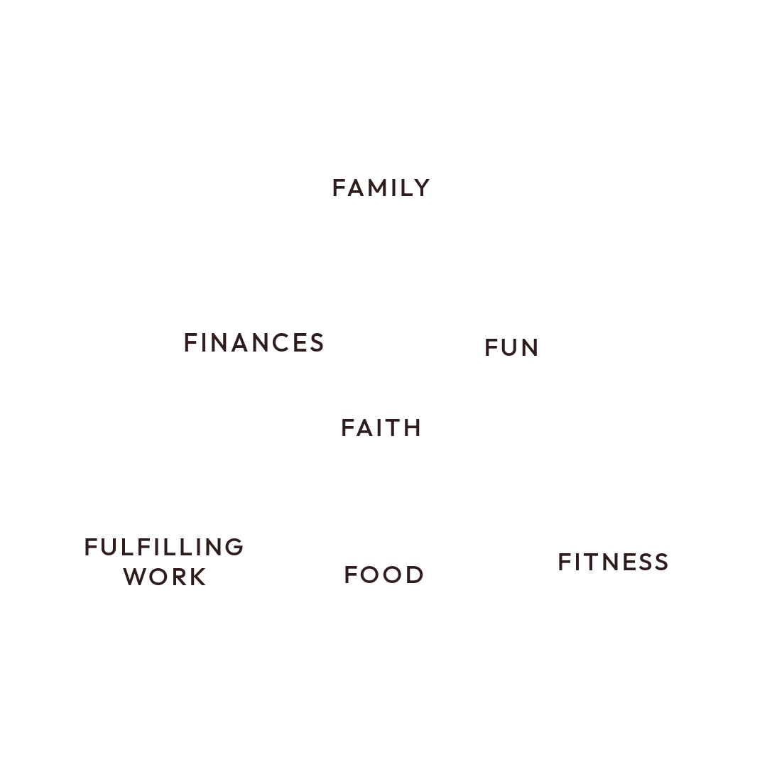 A Venn diagram with three overlapping circles labeled 'FAMILY,' 'FULFILLING WORK,' and 'FITNESS.' The overlapping areas are labeled 'FINANCES,' 'FUN,' and 'FOOD,' with the center labeled 'FAITH.'
