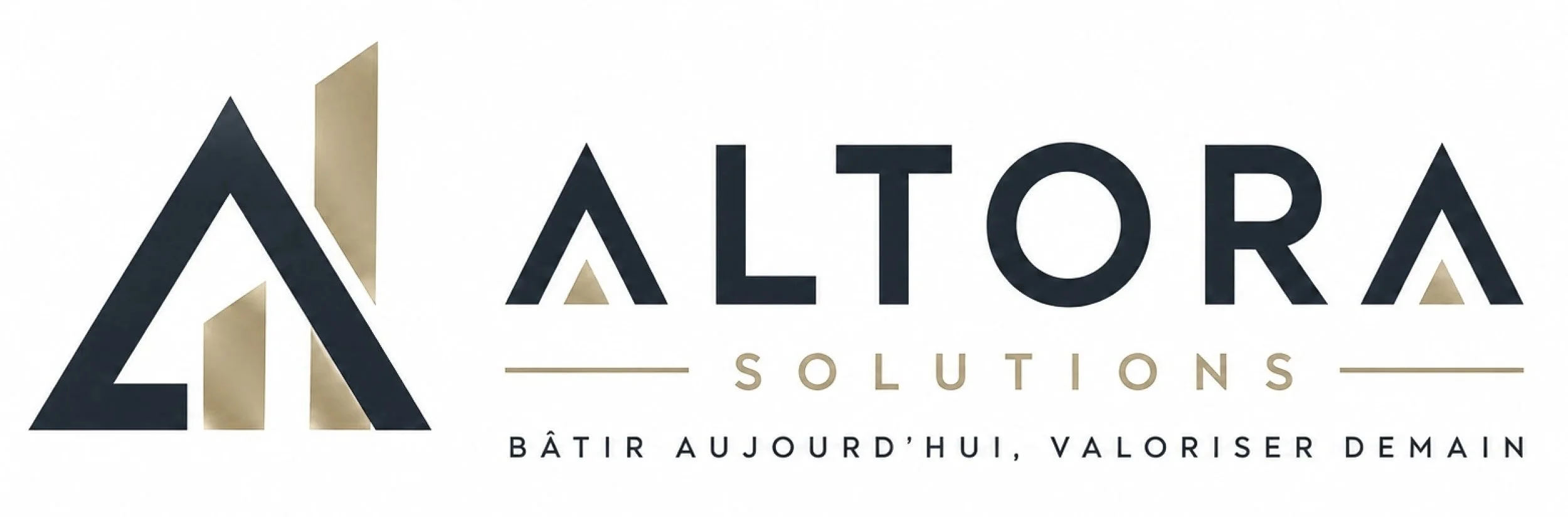 Logo de la société Alitora Solutions avec un symbole graphique en forme de montagnes noires et dorées, le nom en caractères noirs et dorés, et la phrase 'Bâtir aujourd'hui, valoriser demain' en dessous.