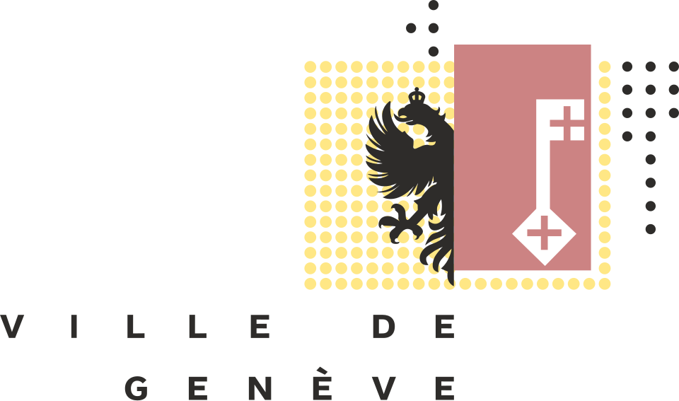 Logo de la ville de Genève avec un lion héraldique noir et une clé rouge, sur fond de points jaunes et noirs, avec le texte 'VILLE DE GENÈVE' en dessous.