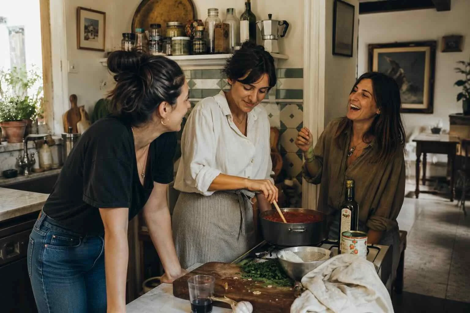 Three women in a cozy, rustic kitchen laughing and preparing food together, with ingredients and cooking utensils on the table.