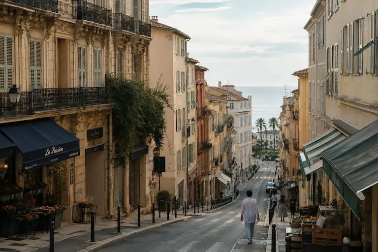 A street in a European city with colorful buildings on both sides, shops, and awnings, leading downhill towards the ocean with palm trees in the distance.