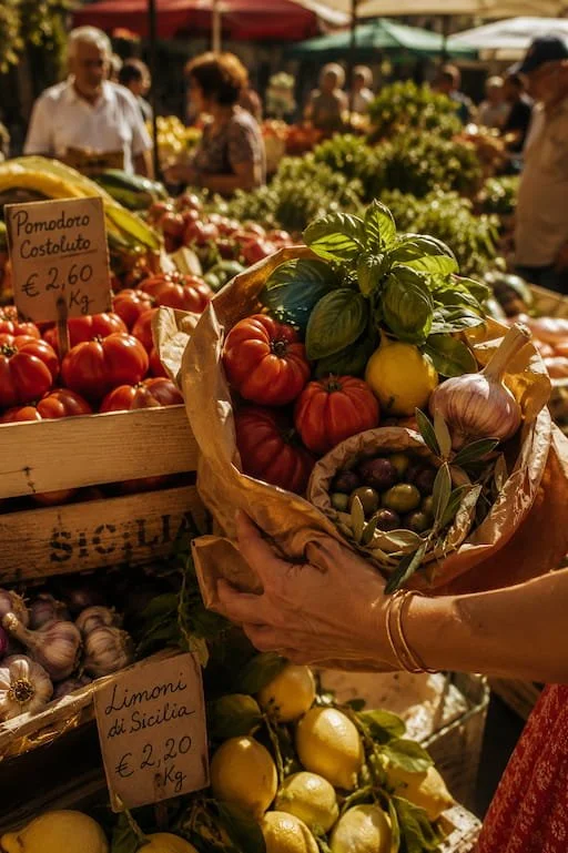 Person holding a paper bag filled with fresh vegetables, including heirloom tomatoes, basil, garlic, and olives at a market.