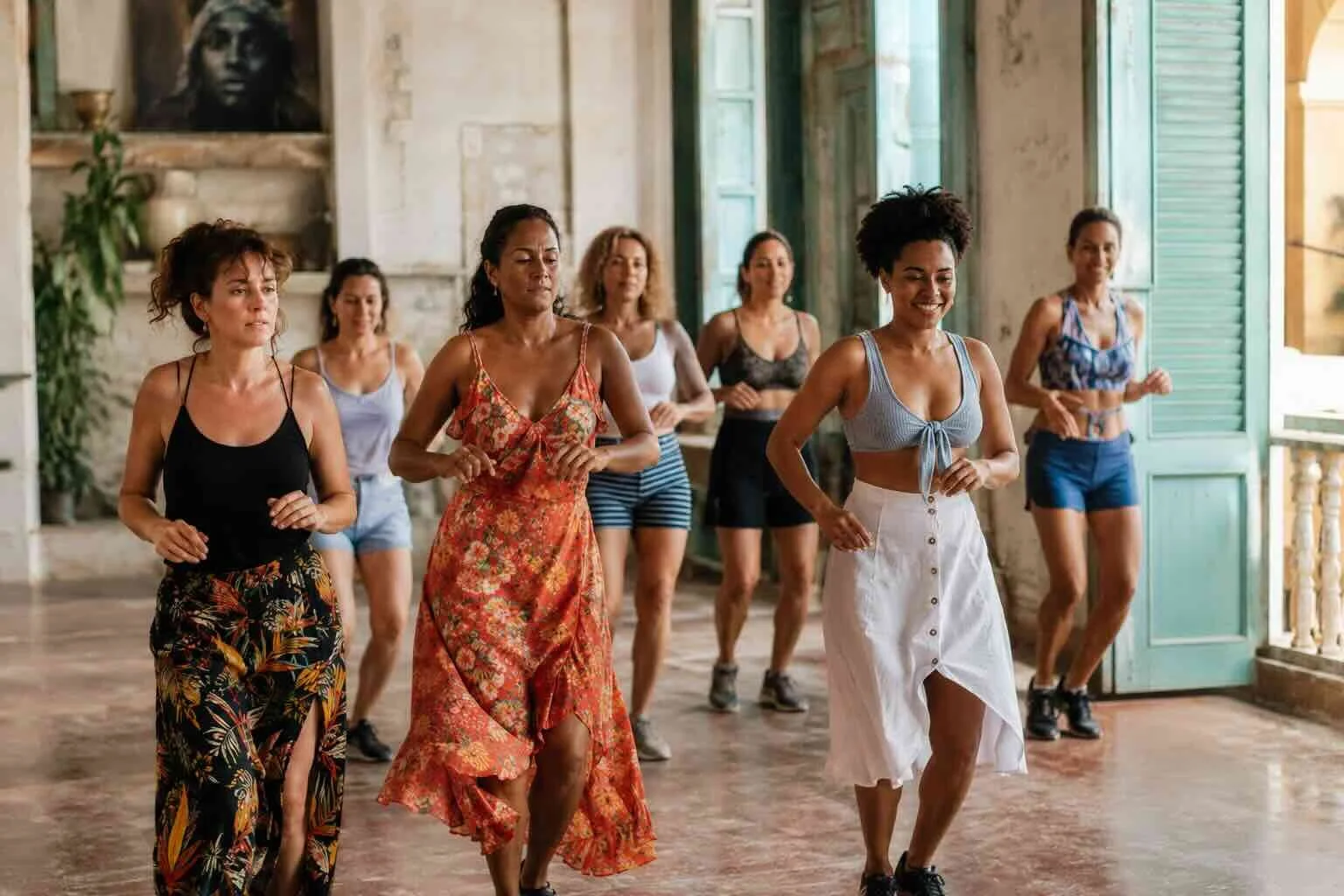 A group of women dancing together in a spacious, sunlit room with rustic walls and large green window shutters.