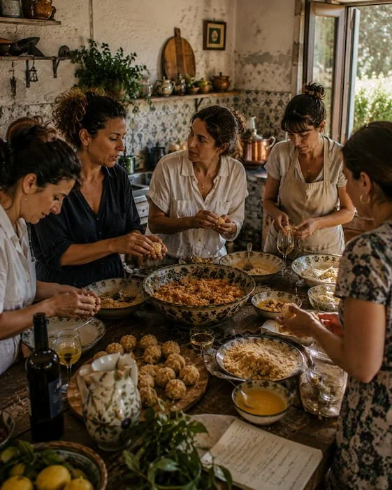 Group of women preparing food together in a rustic kitchen, with various dishes and ingredients on the table.