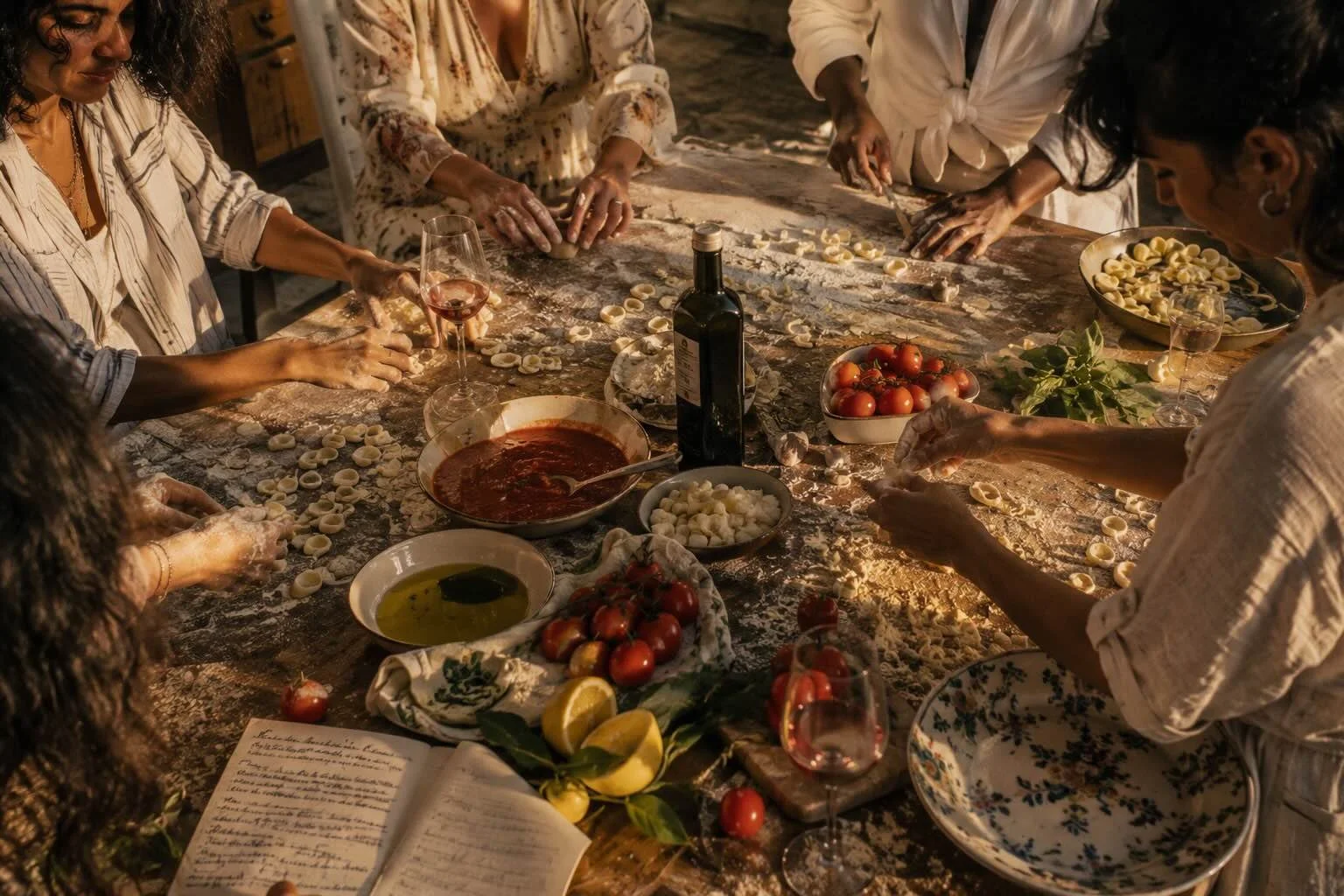 Group of women making homemade pasta around a wooden table, with ingredients and wine, in a cozy kitchen.