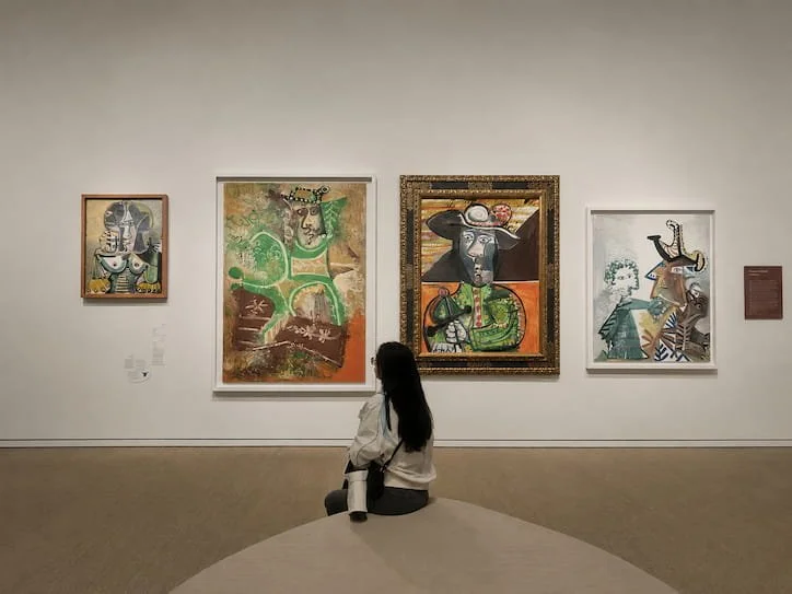A woman sitting on a bench in an art gallery, viewing four colorful abstract paintings of stylized characters with exaggerated features and vibrant colors on a white wall.