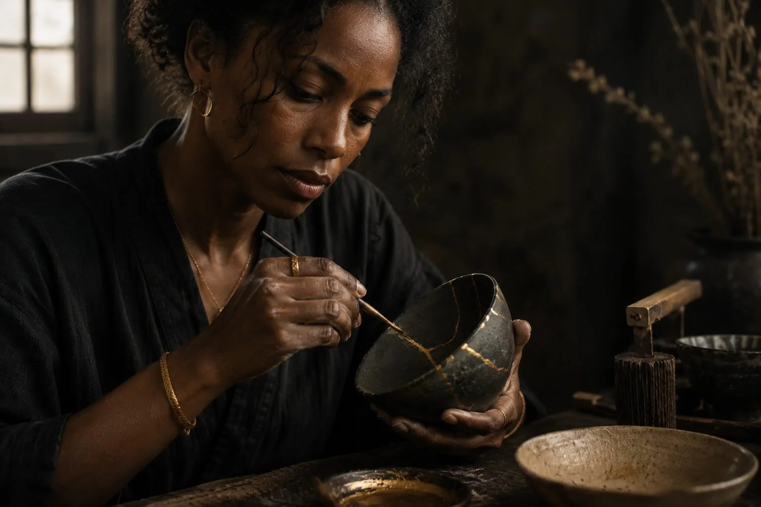 woman painting gold streaks on black ceramic bowl in a dimly lit room