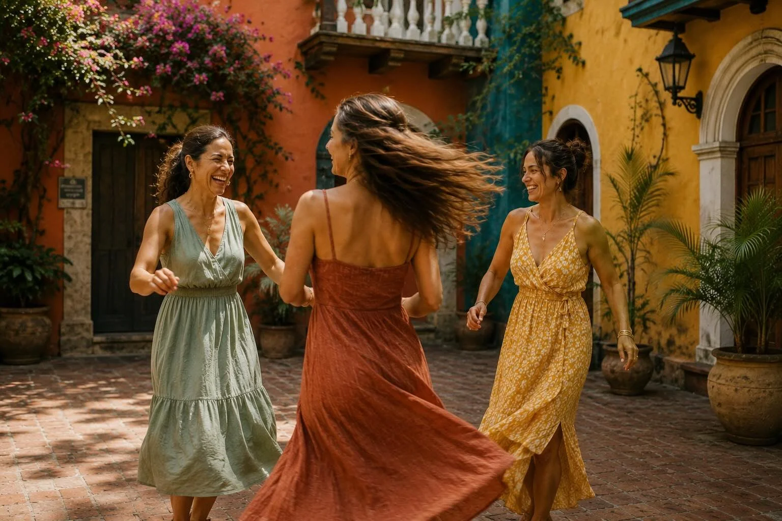 Four women in colorful dresses dancing and laughing on a brick courtyard with vibrant, colorful walls and potted plants.