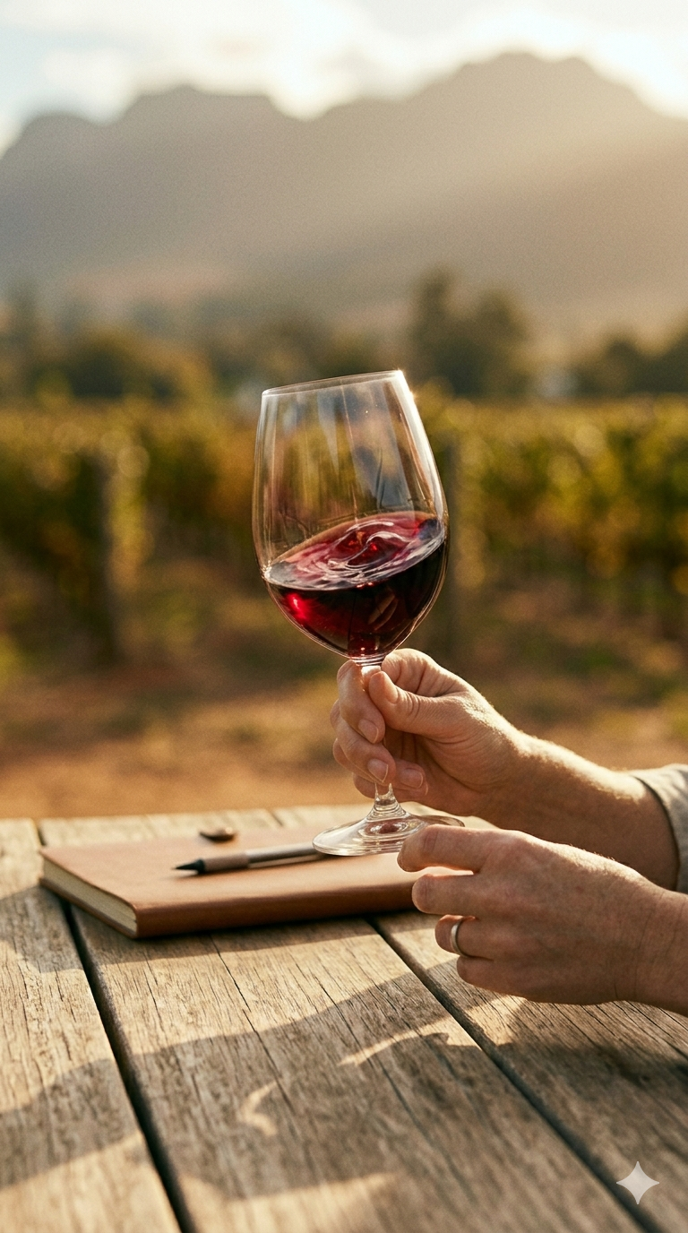 Person holding a glass of red wine outdoors on a wooden table, with a vineyard and mountains in the background during sunset.