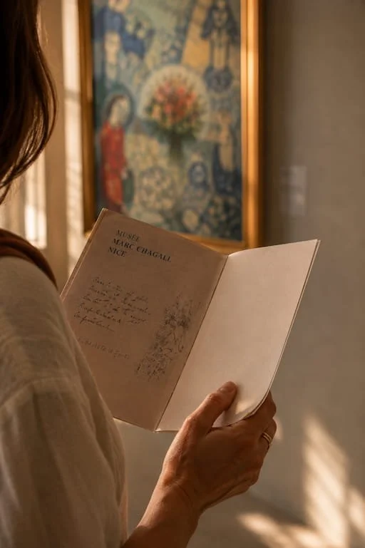 Person reading a book in an art gallery with a framed artwork on the wall behind them.