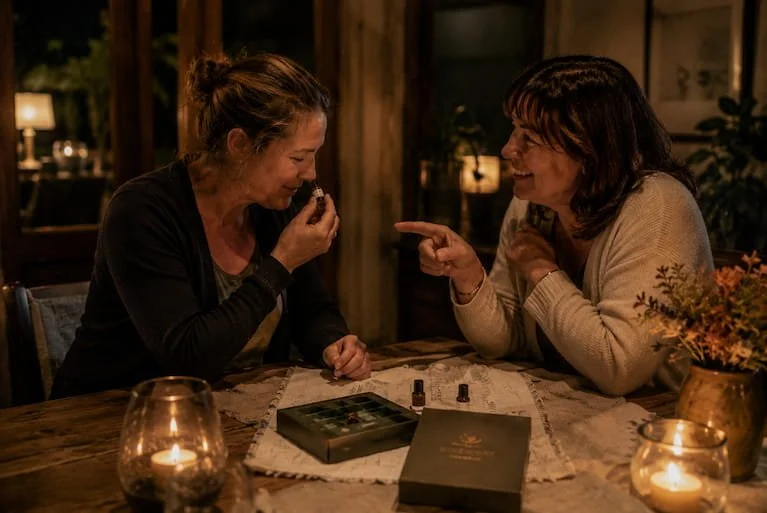 Two women sitting at a table, one laughing and pointing, the other smelling a small object, in a cozy, dimly lit setting with candles and a box on the table.