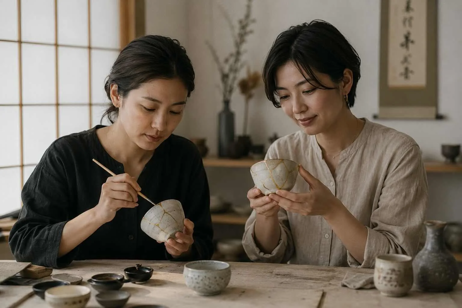 Two women in traditional Japanese attire examining hand-crafted ceramic bowls in a cozy room decorated with Japanese art and decor.