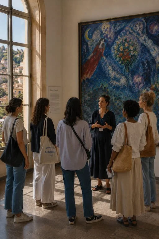 A group of women gathered around an art guide inside a museum, viewing a large colorful painting on the wall near a window.