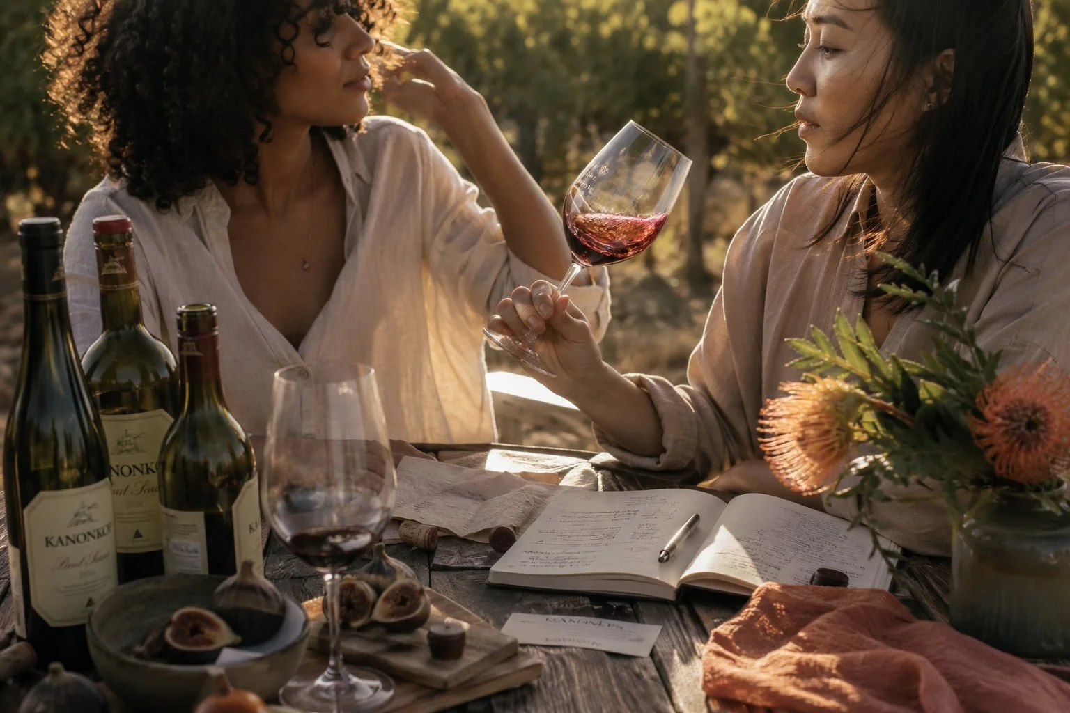 Two women at an outdoor dinner table with wine bottles, glasses, figs, notebooks, and flowers