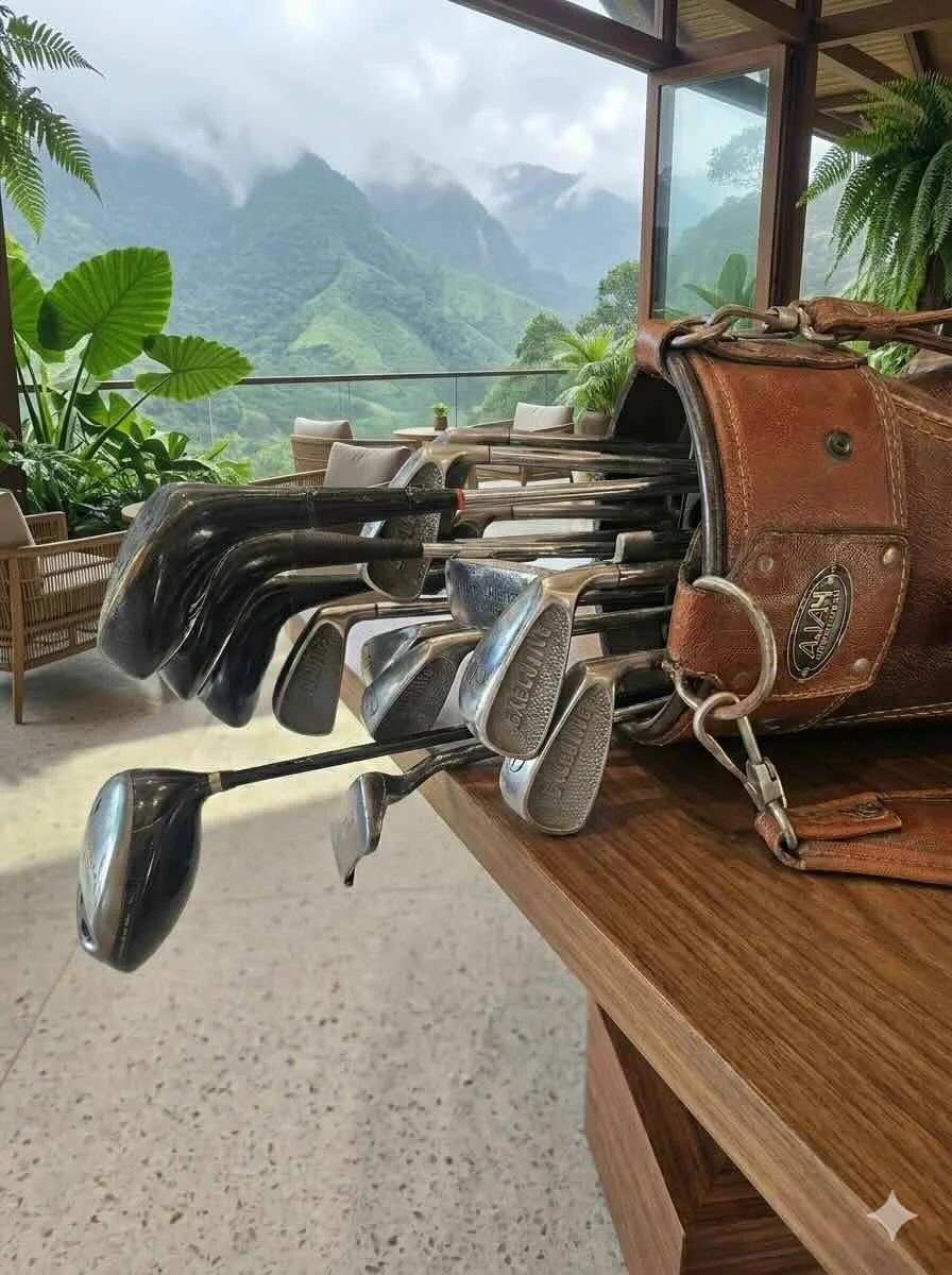 Set of golf clubs in a leather golf bag on a wooden table, with lush green mountains and cloudy sky in the background.