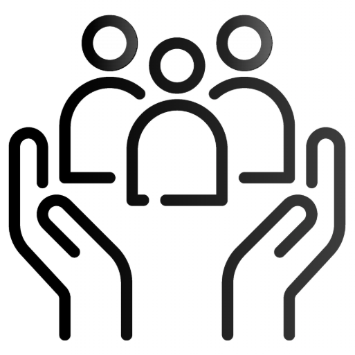 Icon of two hands holding three people to represent community or support