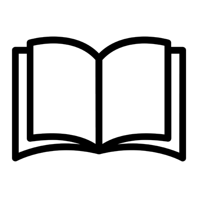 Open book illustration in black outline style.