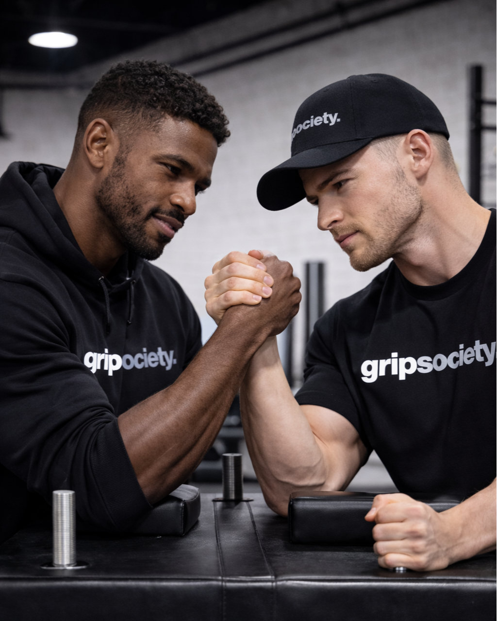 Two men engaged in an arm wrestling match at a gym, both wearing black T-shirts with the word 'gripsociety.' The man on the left has darker skin and short curly hair, while the man on the right has lighter skin, a cap, and an intense expression.