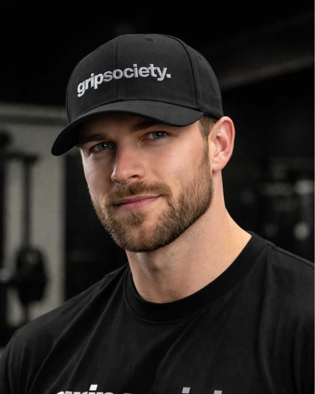A man with a beard wearing a black baseball cap with the logo 'gripsociety.'