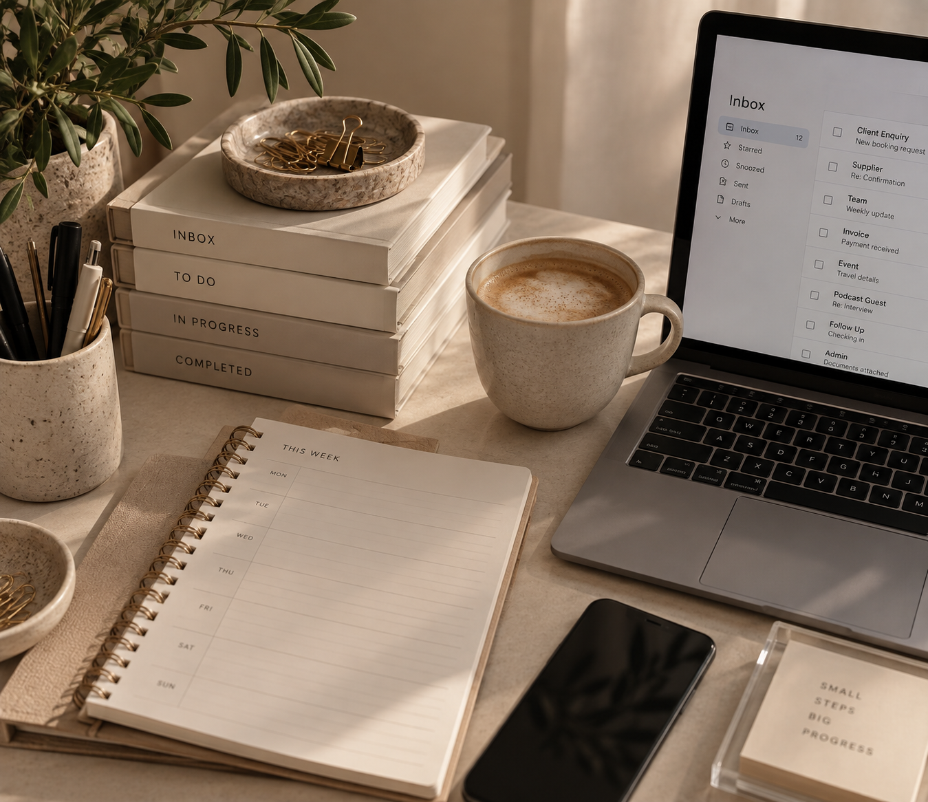 Organised desk workspace with laptop and planner