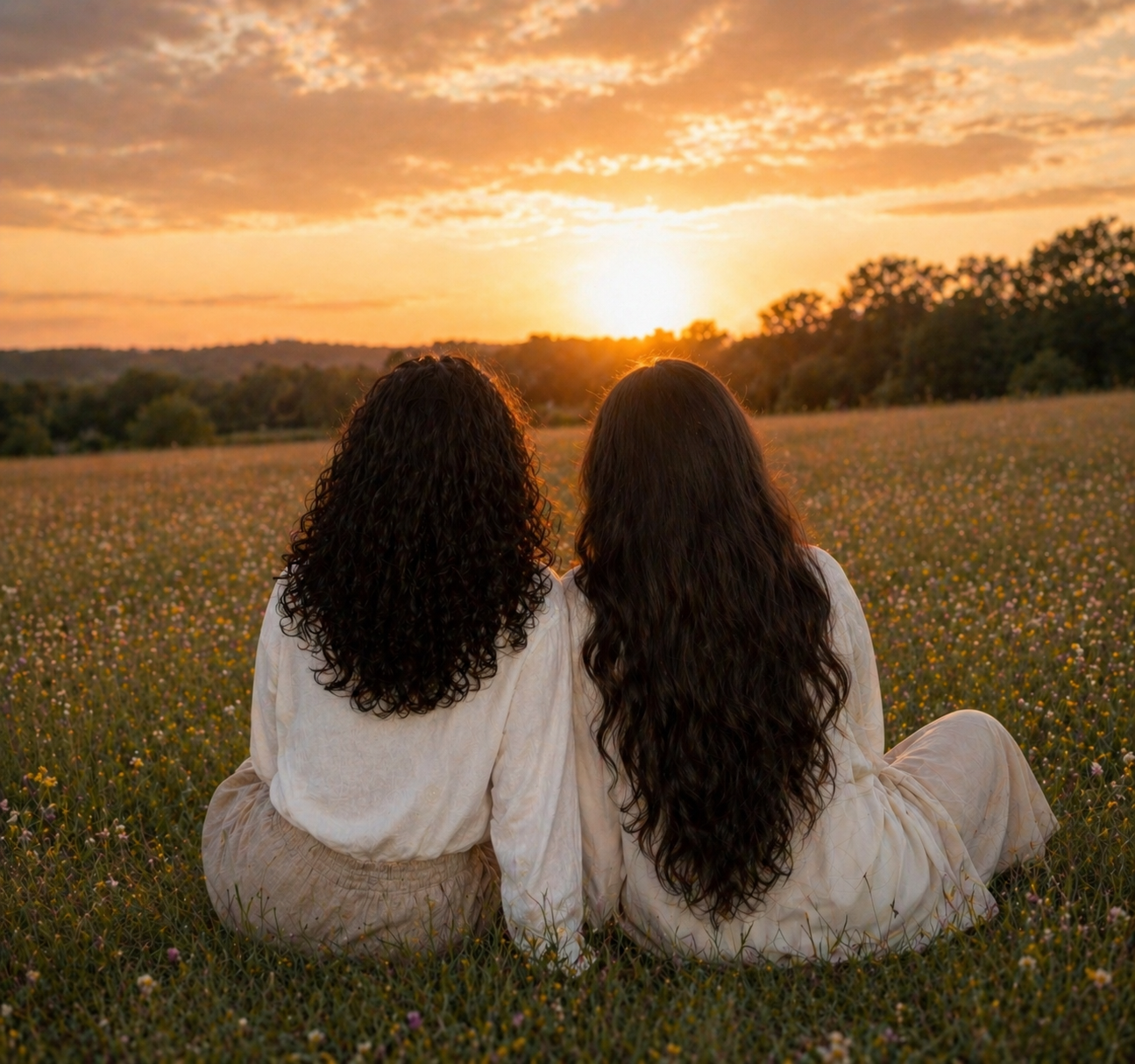 Two women sit on a field of flowers, watching the sunset over a rural landscape with trees in the distance.
