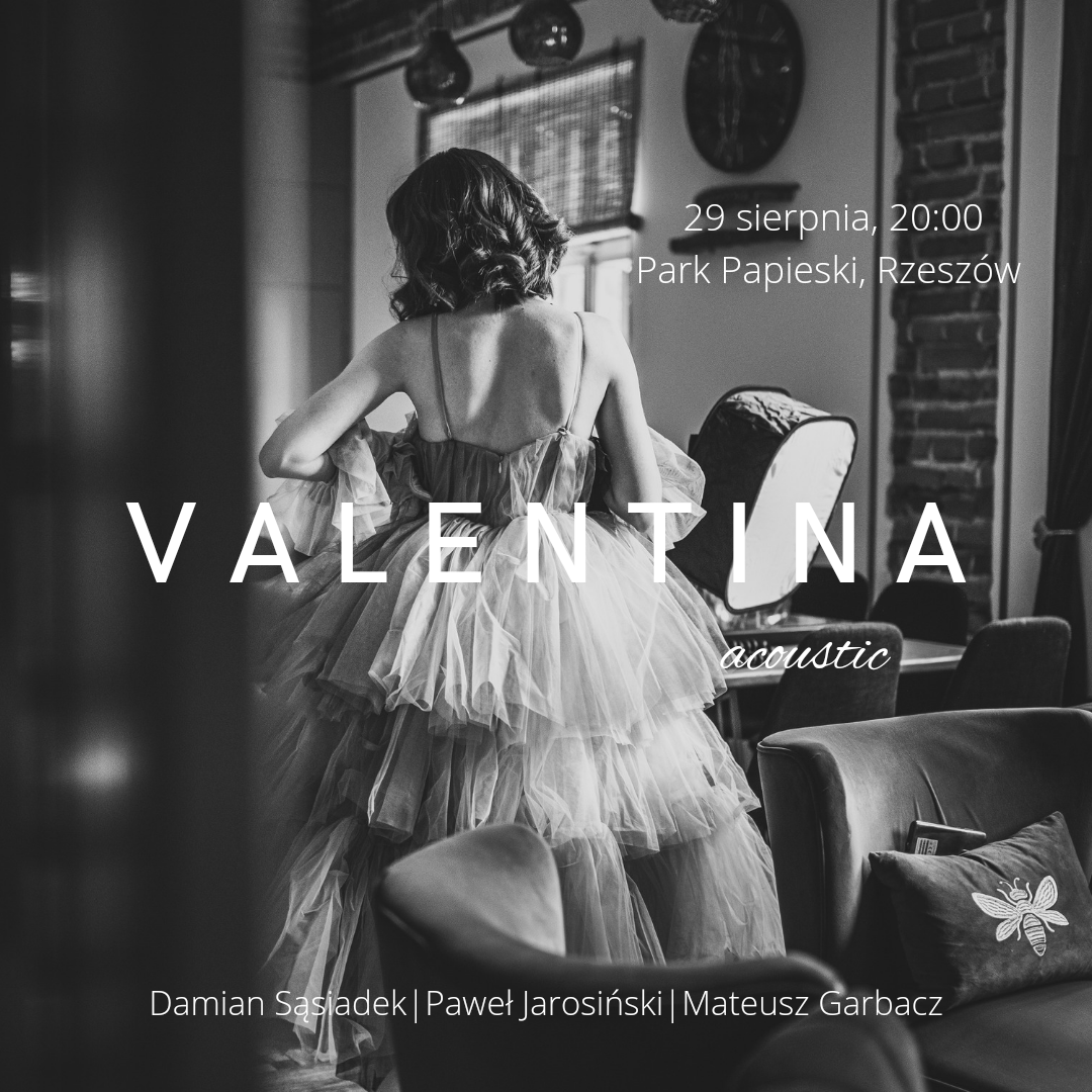 Black and white photo of a woman with wavy hair in a strapless dress sitting on a chair in a cozy room with brick wall and window, with text overlay advertising an acoustic Valentine's event.