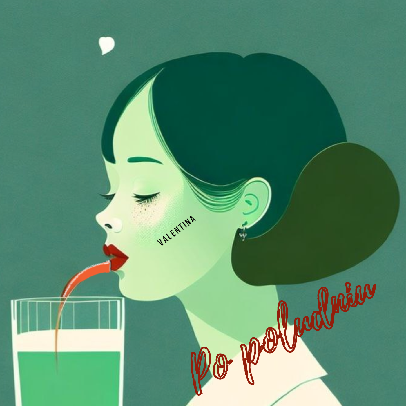 Illustration of a woman with dark hair in a ponytail sipping a green drink through a straw, with a content expression and closed eyes, on a green background. The word 'Valentina' is written on her cheek and 'Po Partita' is written in red cursive at the bottom right.