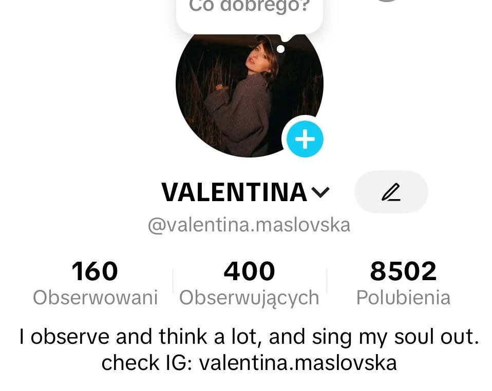 Social media profile page for Valentina, with a profile picture of a woman in a dark setting, using a gray sweater. Profile info includes 160 followers, 400 following, and 8,502 likes. The bio states: "I observe and think a lot, and sing my soul out. check IG: valentina.maslovska."