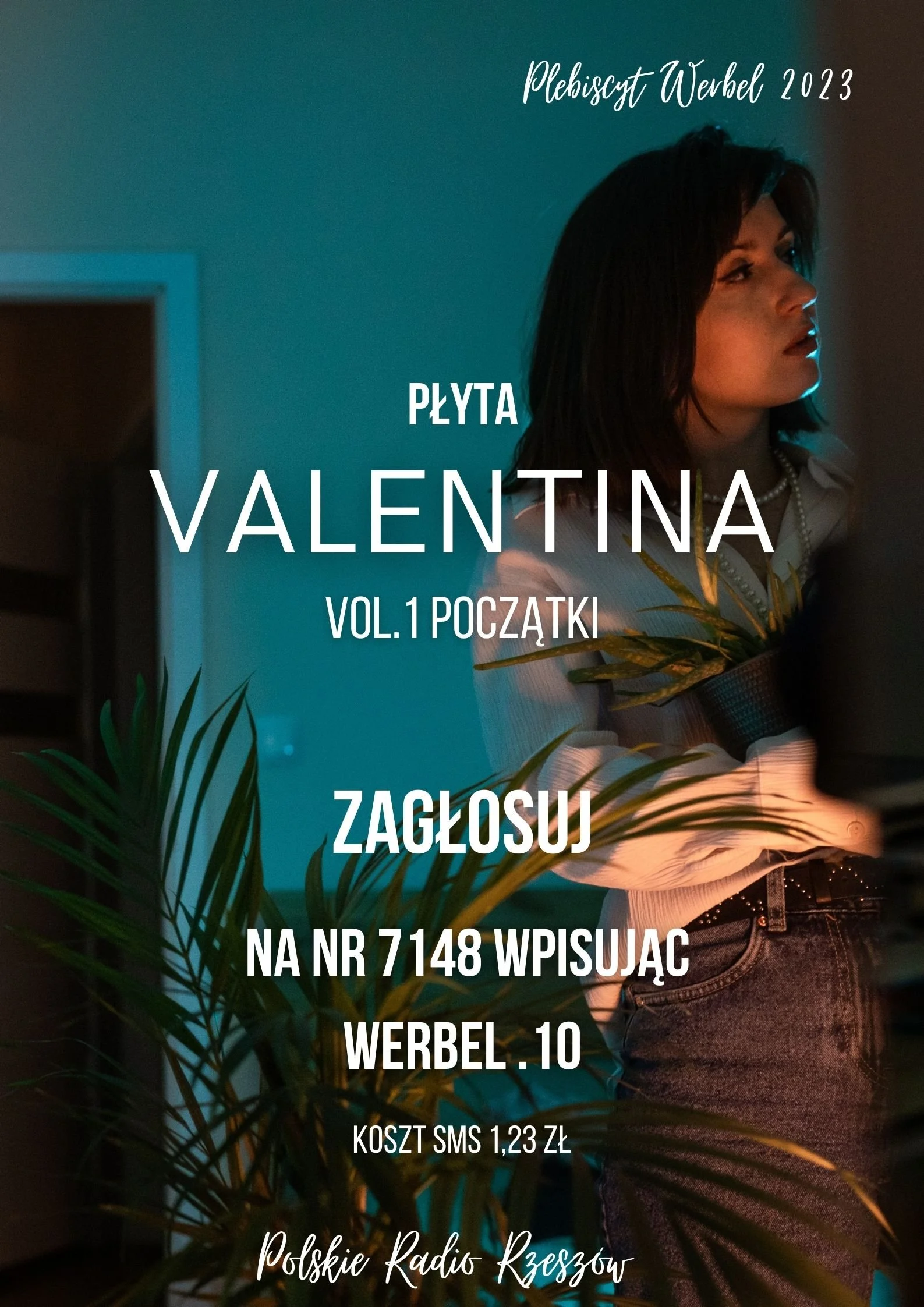 A woman with dark hair stands beside a plant, illuminated by warm and cool lighting, with Polish text overlay about a radio event in Rzeszów.