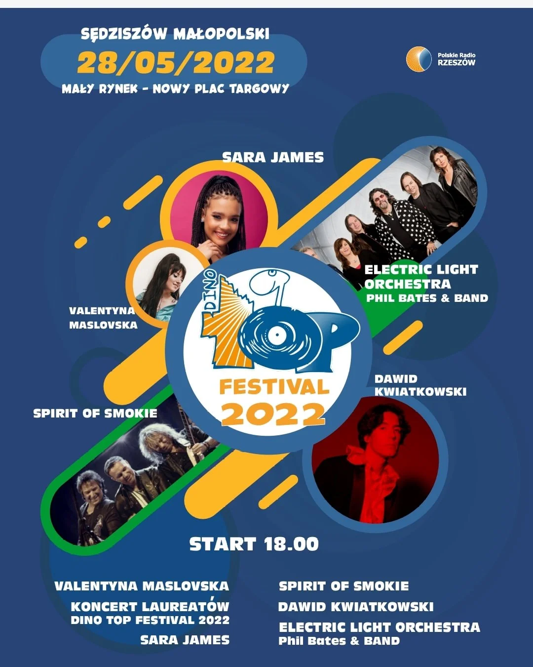 A colorful festival poster for Dino Fest 2022 with the date 28/05/2022 at Mały Rynek - Nowy Plac Targowy. Features images of Sara James, Valentina Maslovska, Spirit of Smokie, Dawid Kwiatkowski, and Electric Light Orchestra Phil Bates & Band. The event starts at 6:00 PM and includes various performances.