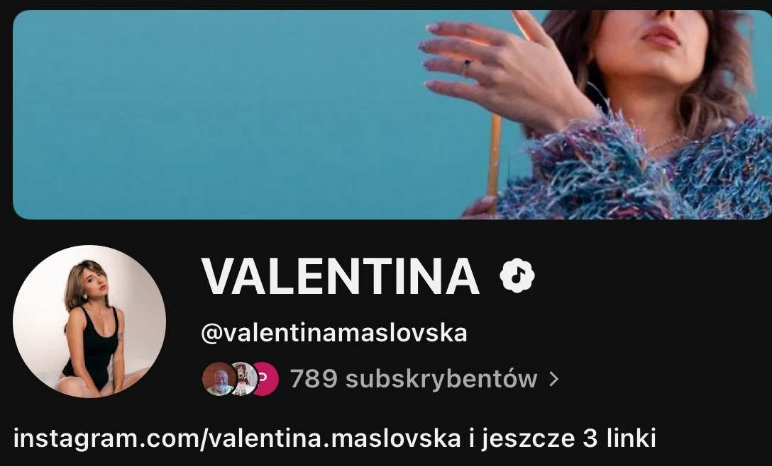 Profile header with a woman in a colorful sweater on the right and a woman in a black tank top on the profile picture, with social media information and follower count below.