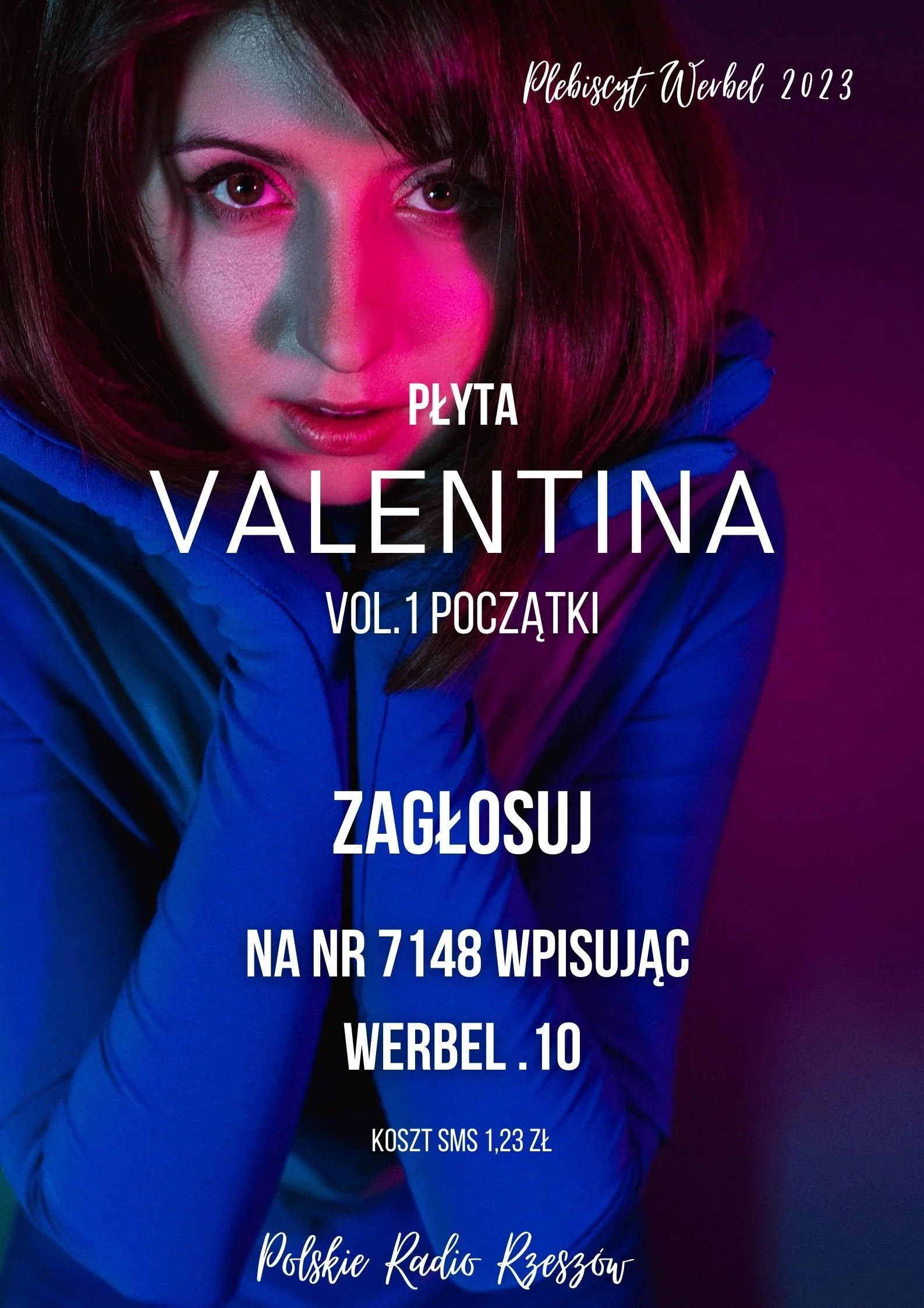 A promotional poster for a Polish radio station shows a young woman with dark hair and brown eyes, wearing a blue jacket. The background has purple and pink lighting. The poster includes Polish text about a contest to win radio station merchandise, with details about phone number and cost.