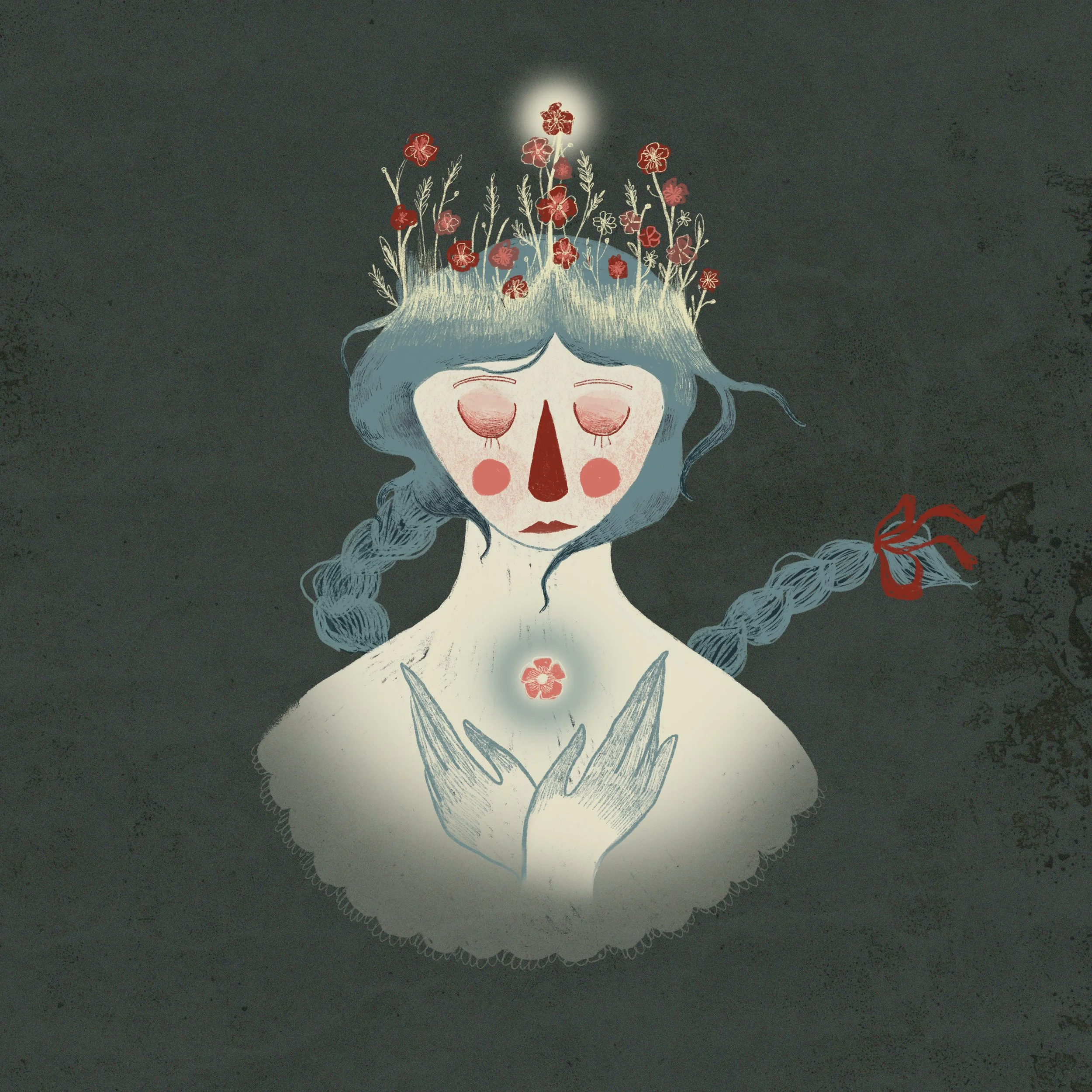 A drawing of a person with closed eyes and a calm expression, with flowers and foliage growing from their head resembling a crown, with a soft glow around one flower.
