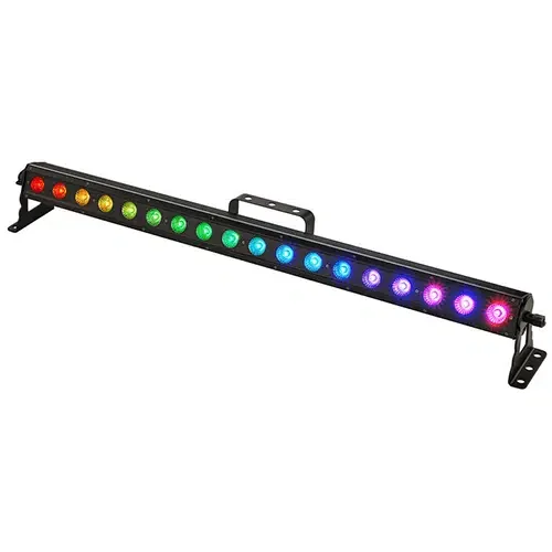 A black LED light bar with multiple colored lights, including red, orange, yellow, green, blue, purple, and pink, arranged in a line.