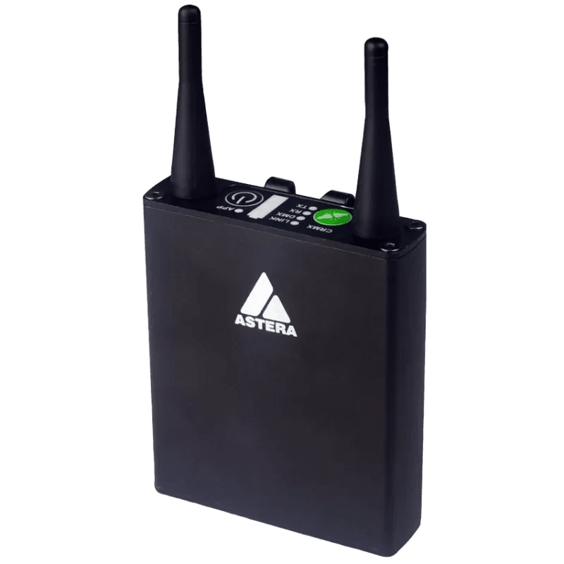 Black wireless transmitter with two antennas and control buttons, branded 'Astera'.