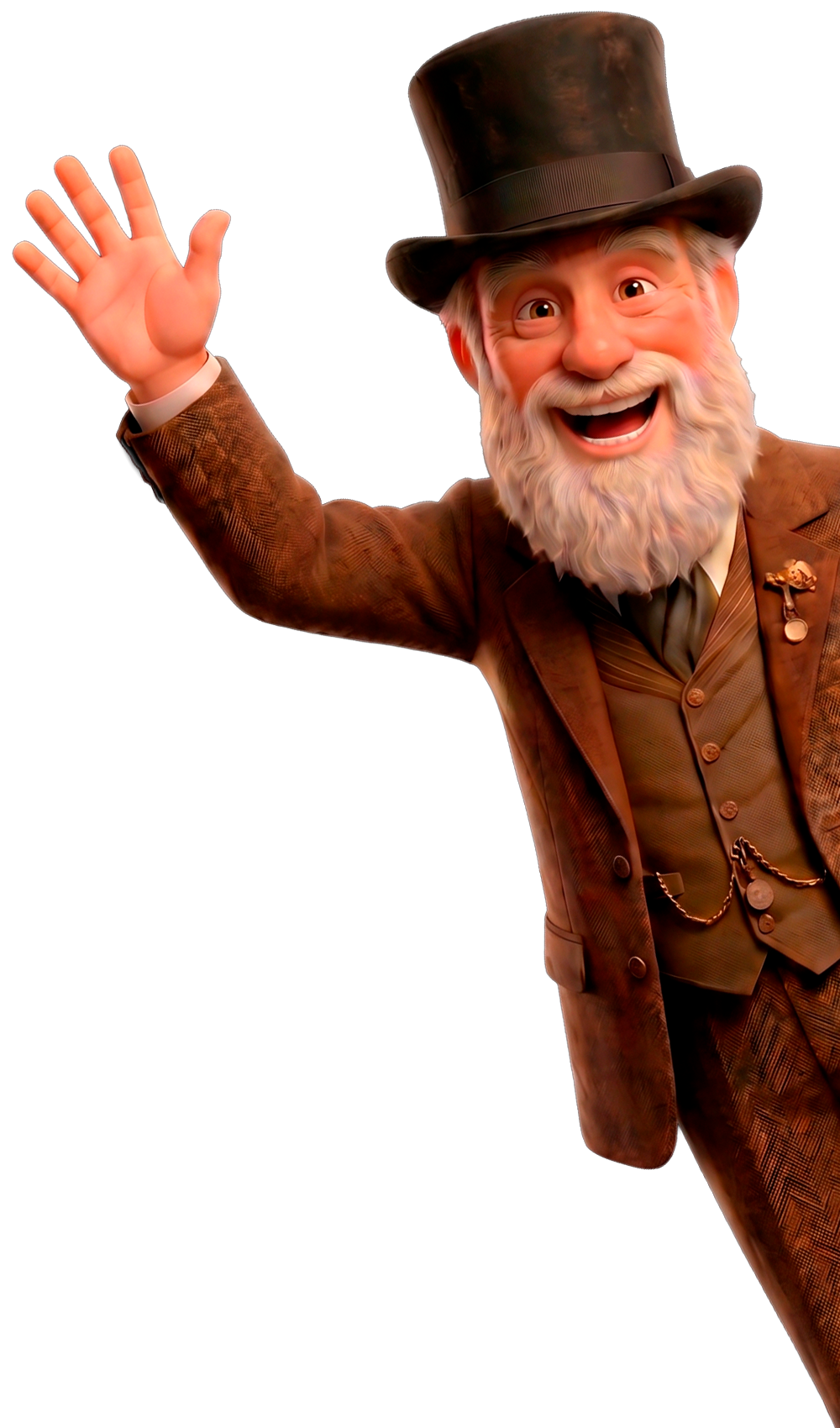 AI Darwin waving as a friendly animated museum guide character.